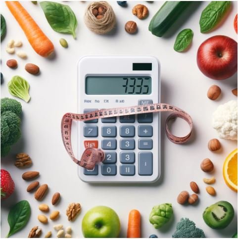Digital calculator with healthy foods like fruits, vegetables, and nuts, and a tape measure wrapped around it, symbolizing precise diet and calorie tracking for health and nutrition