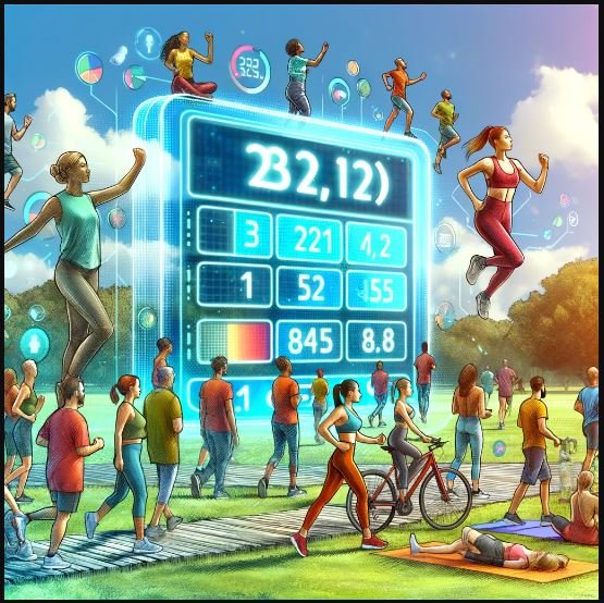 Digital illustration of diverse people running, doing yoga, and cycling in a park, with calorie counts displayed digitally over each person. In the center, a 'Calories Burned by Activity Calculator' is prominently featured.