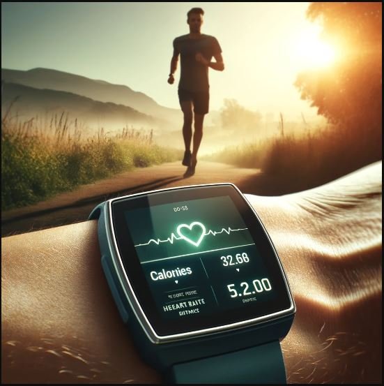 A high-tech digital running tracker display showing metrics such as calories burned, heart rate, and distance, with a runner's silhouette in the background running in a scenic outdoor environment. The image emphasizes modern fitness technology and the concept of tracking athletic performance.